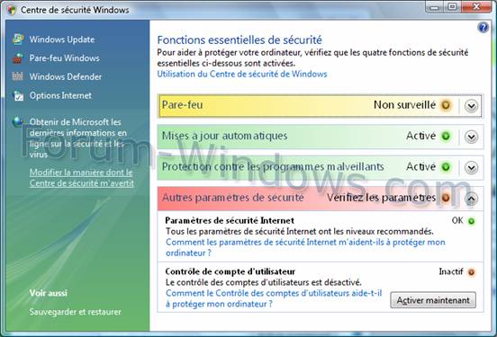 Centre de sécurité Windows Vista